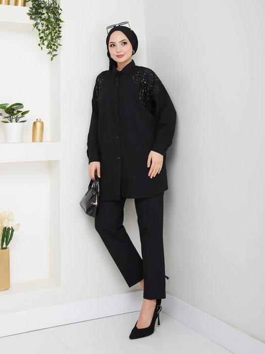 Black Inlaid Blossom Collection Linen-Cotton Shirt