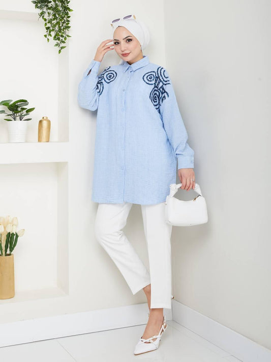 Baby Blue - D Blue Inlaid Blossom Collection Linen-Cotton Shirt