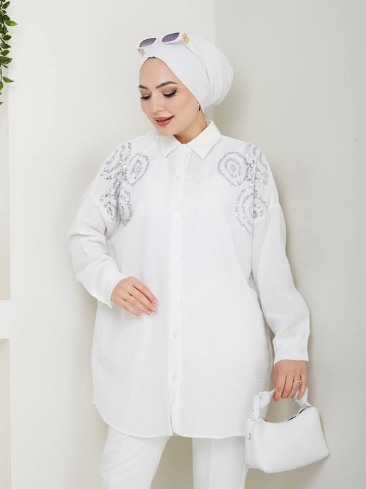 White - Gray Inlaid Blossom Collection Linen-Cotton Shirt