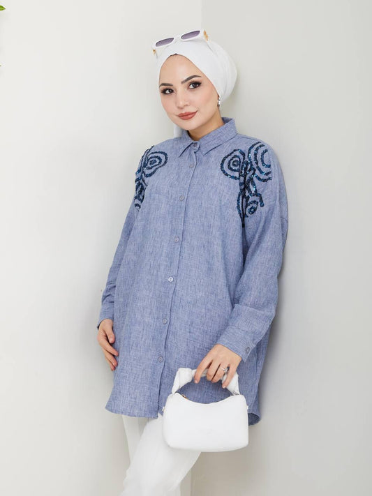 Stone Blue - D Blue Inlaid Blossom Collection Linen-Cotton Shirt