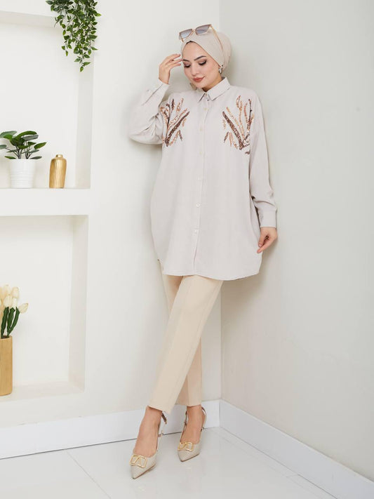 Beige - D Brown Inlaid Blossom Collection Linen-Cotton Shirt