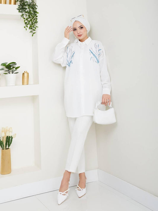 Baby Blue - D Blue Inlaid Blossom Collection Linen-Cotton Shirt