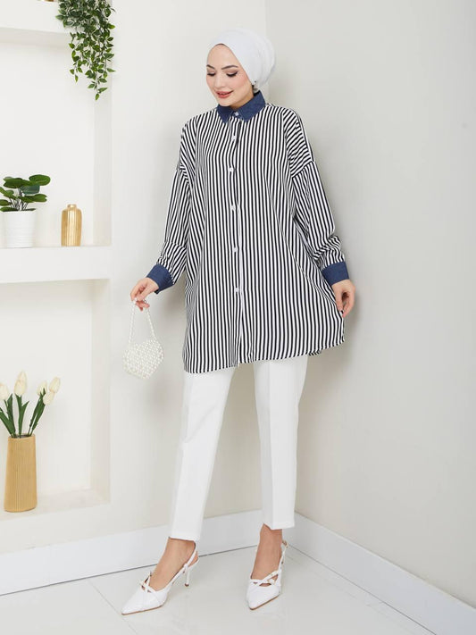 Navy Blue Striped Blossom Collection Cotton Shirt