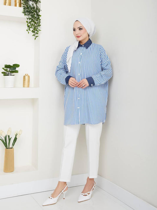Blue Striped Blossom Collection Cotton Shirt