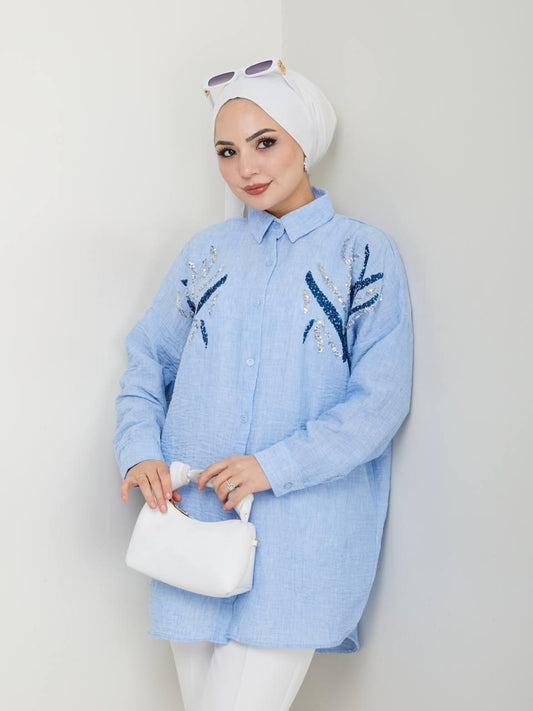 Blue - D Blue Inlaid Blossom Collection Linen-Cotton Shirt