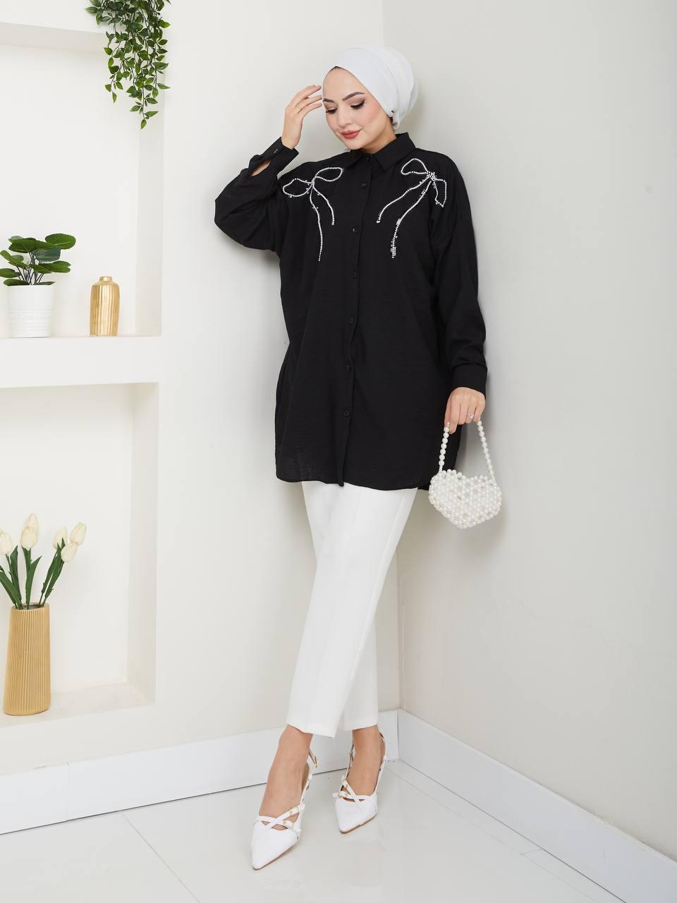 Black with Ribbon Inlaid Blossom Collection Linen-Cotton Shirt