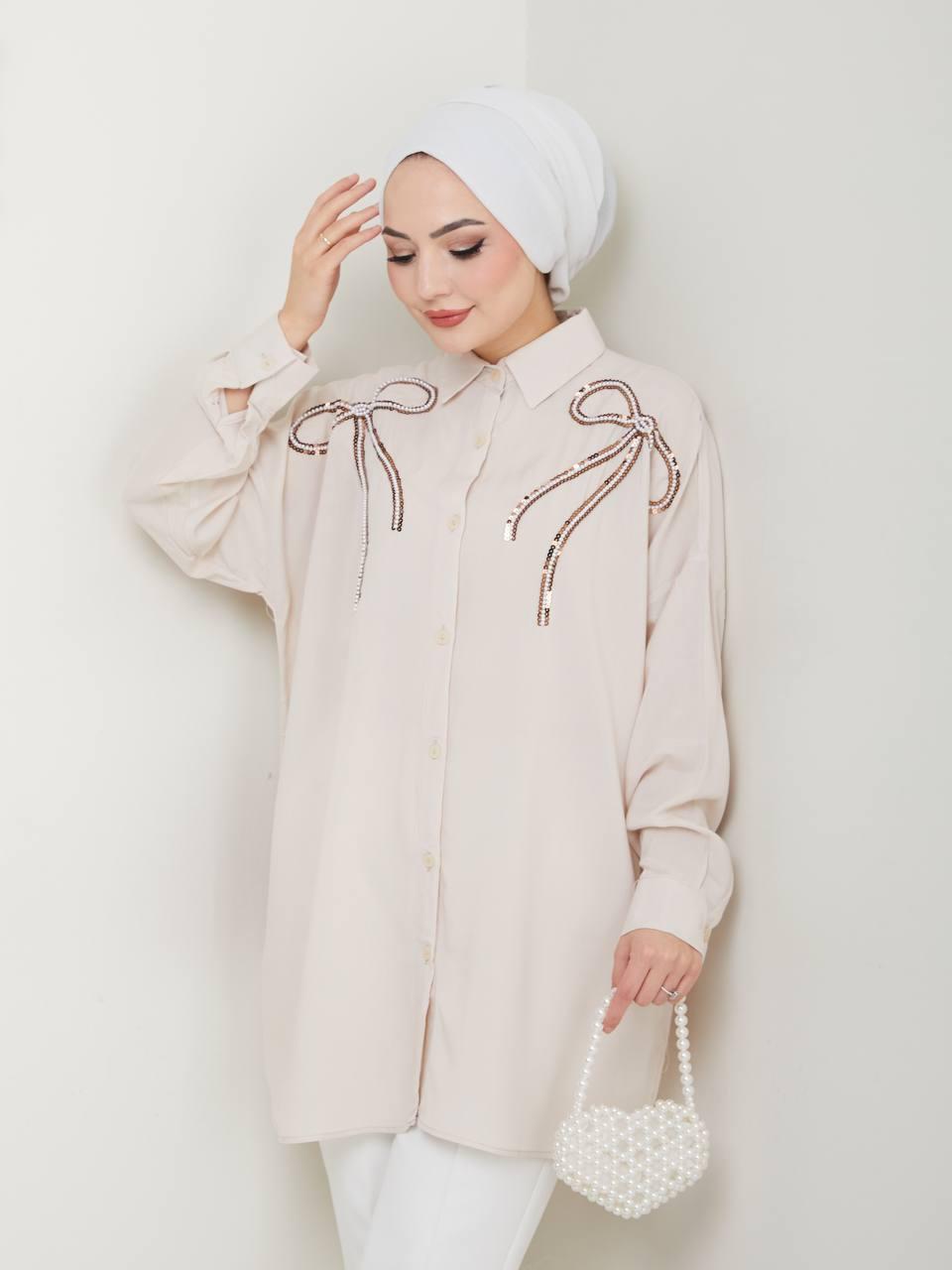 Beige with Ribbon Inlaid Blossom Collection Linen-Cotton Shirt