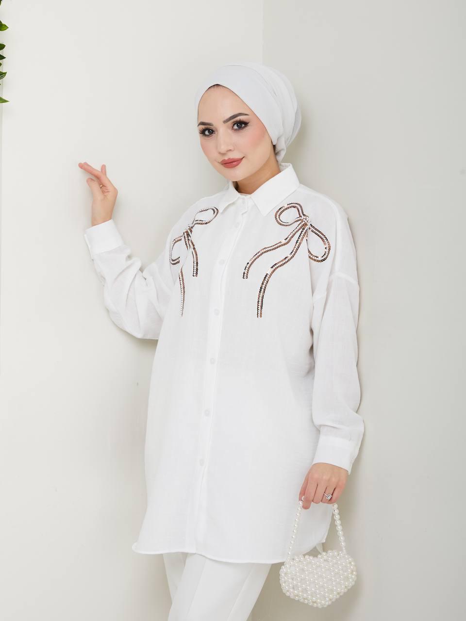 White with Ribbon Inlaid Blossom Collection Linen-Cotton Shirt