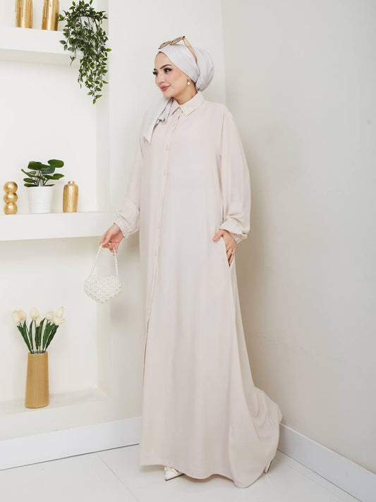 Elegant Blossom Maxi Dress – Plain Beige Cotton for Summer