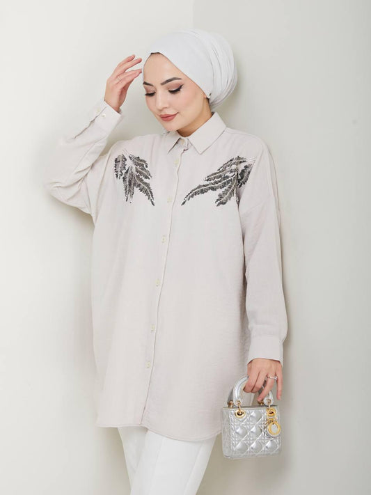 Beige Embroidered Blossom Collection Linen-Cotton Shirt