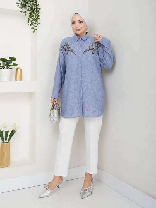 Blue with Inlaid Blossom Collection Linen-Cotton Shirt