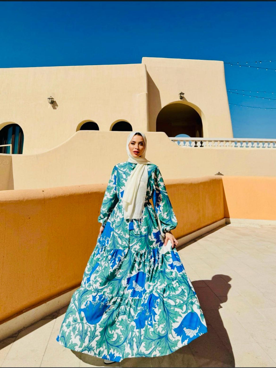 Azure Blue & Green Floral Printed Dress Blossom Collection