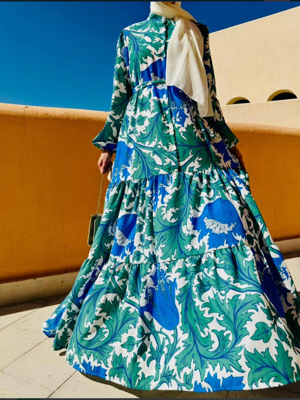Azure Blue & Green Floral Printed Dress Blossom Collection