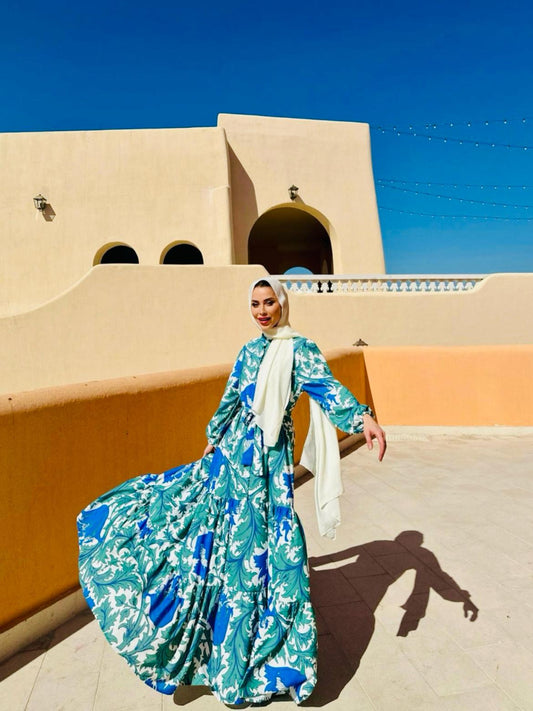 Azure Blue & Green Floral Printed Dress Blossom Collection