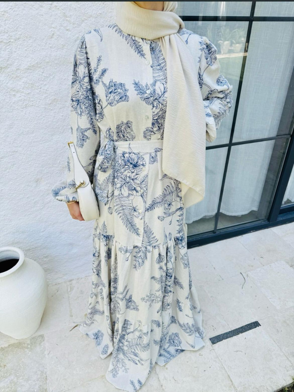 Blossom Elegant Natural Organic Summer Beige & Blue Pattern Dress