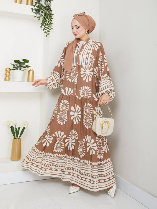 Elegant Blossom Maxi Dress – Beige with Pattern Cotton for Summer
