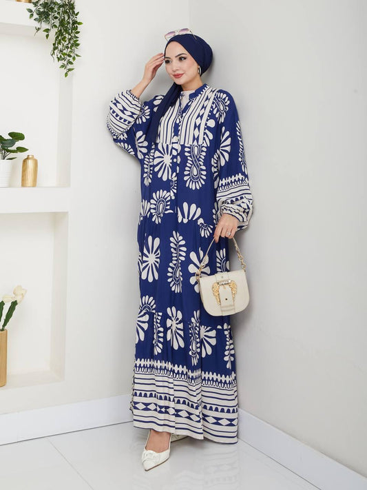 Elegant Blossom Maxi Dress – Navy Blue with Pattern Cotton for Summer
