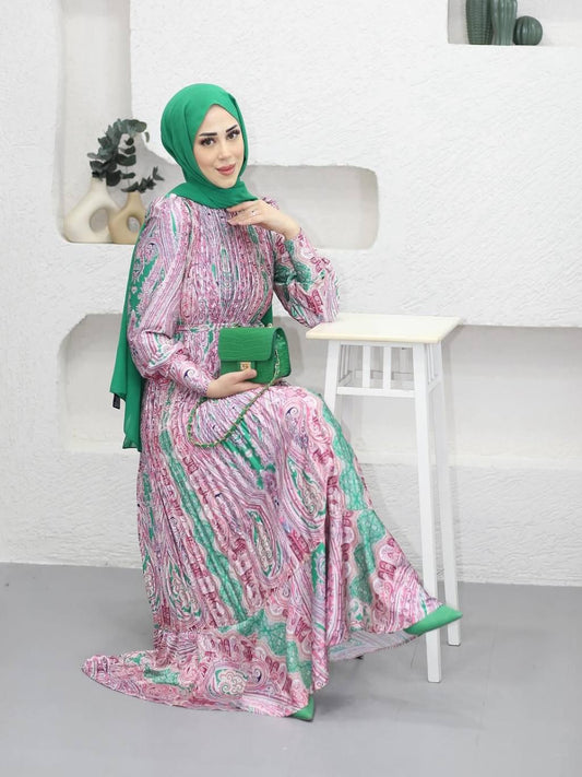 Pink & Blue Printed Satin Dress Blossom Collection