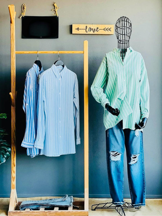 New Blossom Collection Linen-Cotton Green Striped Shirt
