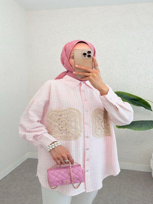 Blossom Collection Linen-Cotton Pink Striped Shirt with Knitting Pattern