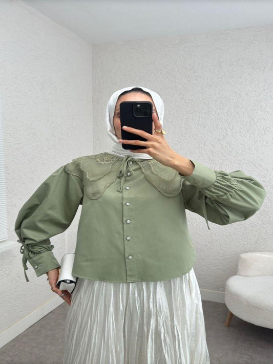 New Collection Sage Green Shirt with Collar Pattern