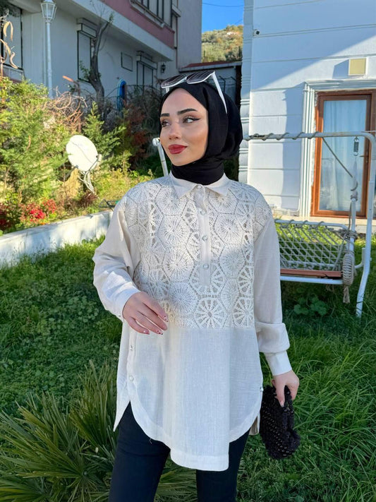 New Collection Beige Cotton Shirt with Knitting Pattern
