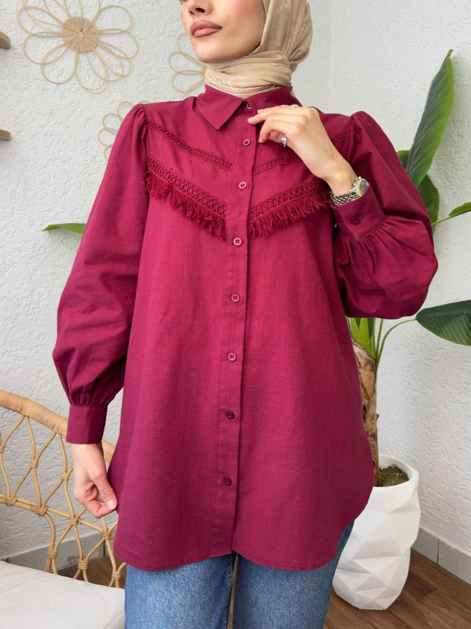 New Collection Linen-Cotton Dark Red Shirt