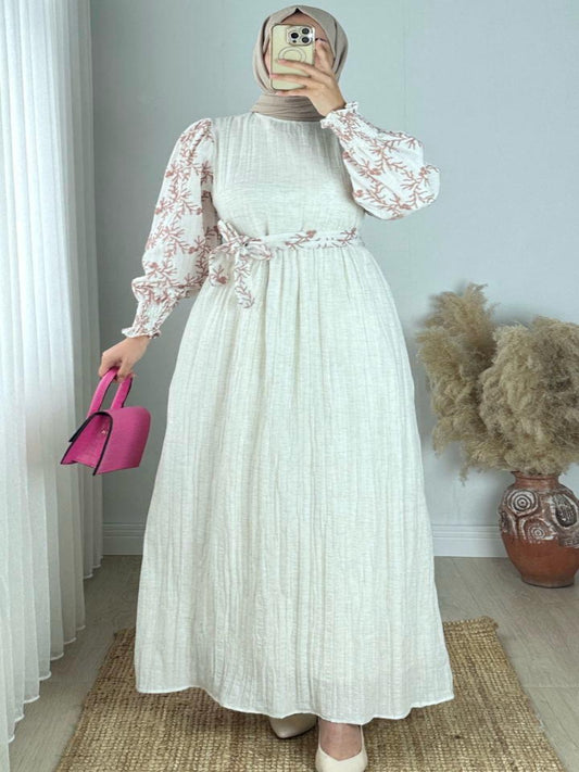 Elegant Blossom Maxi Dress – Light Beige with Red Floral Pattern Cotton for Summer