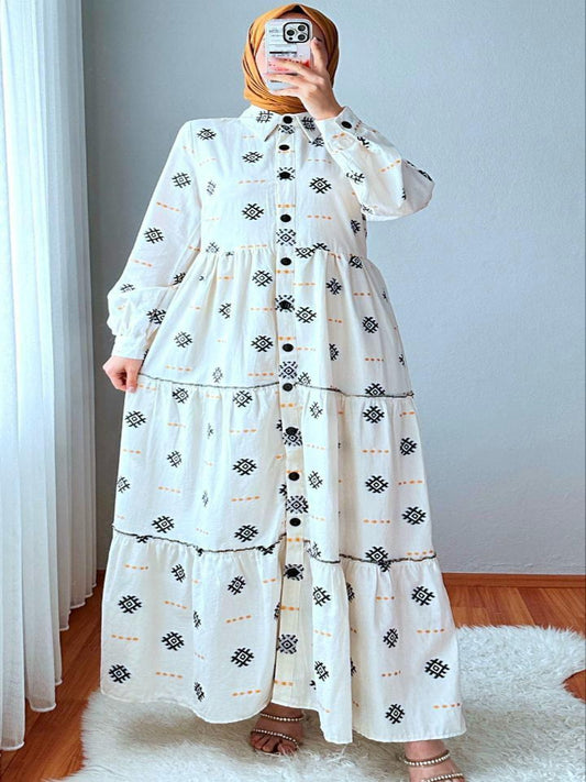 Blossom Light Beige Cotton Dress with Ancient Pattern for Summer