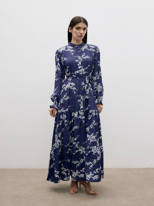 White Floral Printed Navy Blue Summer Dress Blossom Collection