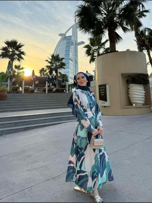 Marble Printed Blue & Green Summer Dress Blossom Collection