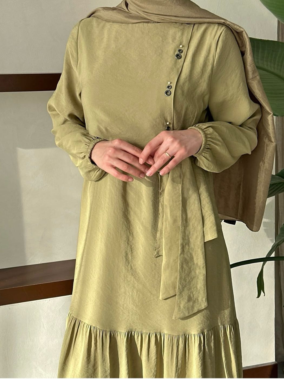 Elegant Natural Cotton Olive Green Blossom Summer Dress