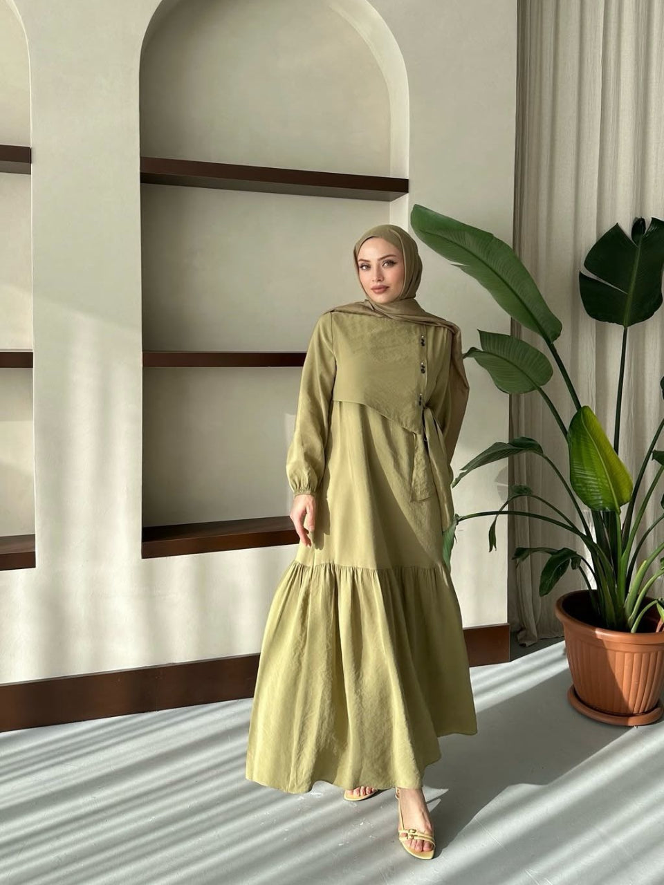 Elegant Natural Cotton Olive Green Blossom Summer Dress
