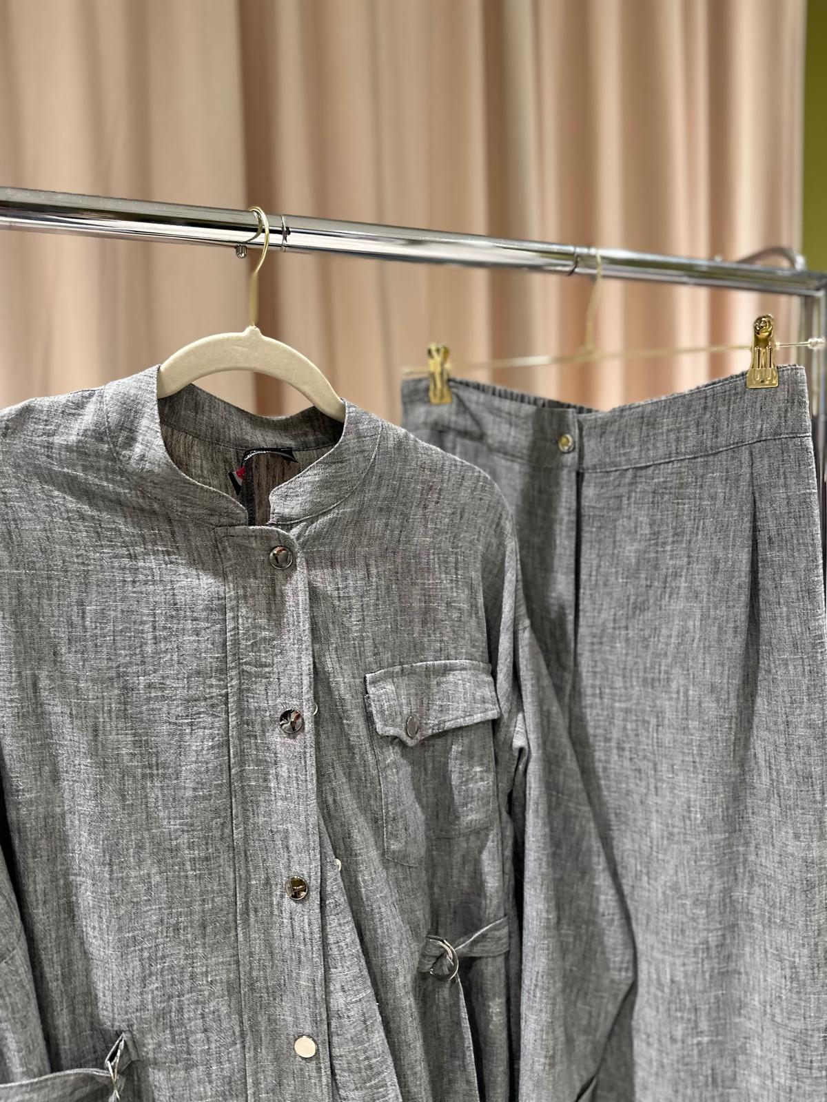 Plus Size Linen-Blend Buttoned Top & Pants Set – Fatma Danışman