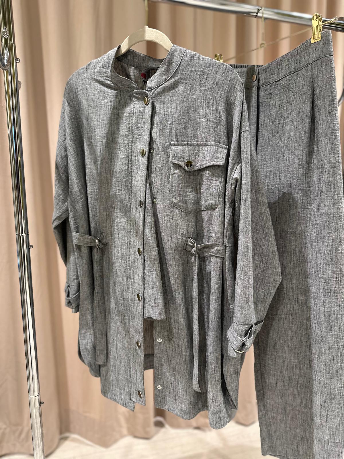 Plus Size Linen-Blend Buttoned Top & Pants Set – Fatma Danışman