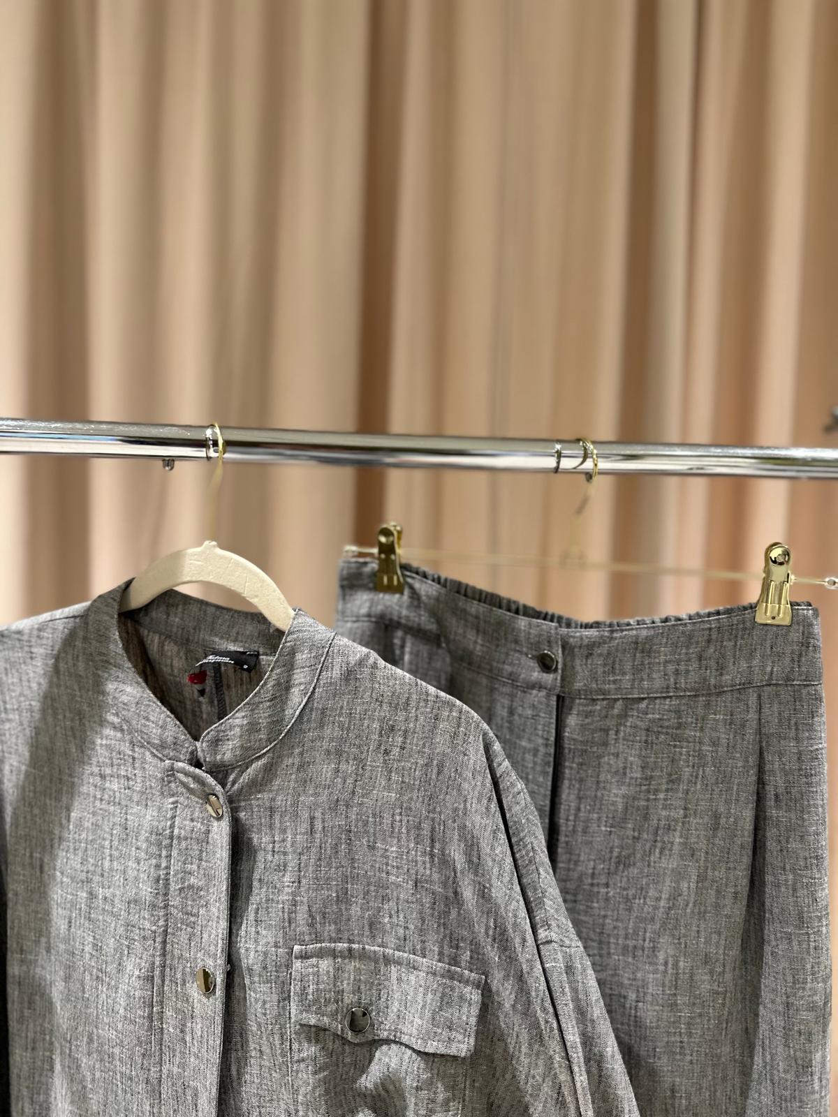 Plus Size Linen-Blend Buttoned Top & Pants Set – Fatma Danışman