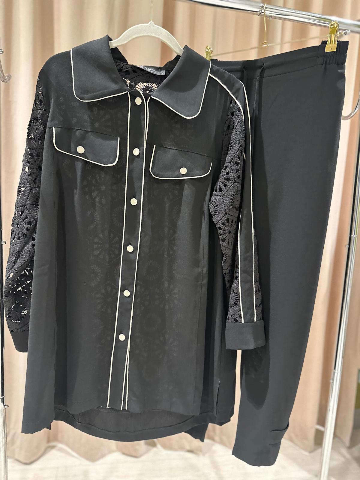 Plus Size Black Button-Front Top &amp; Pants Set with Lace Sleeves – Fatma Danışman