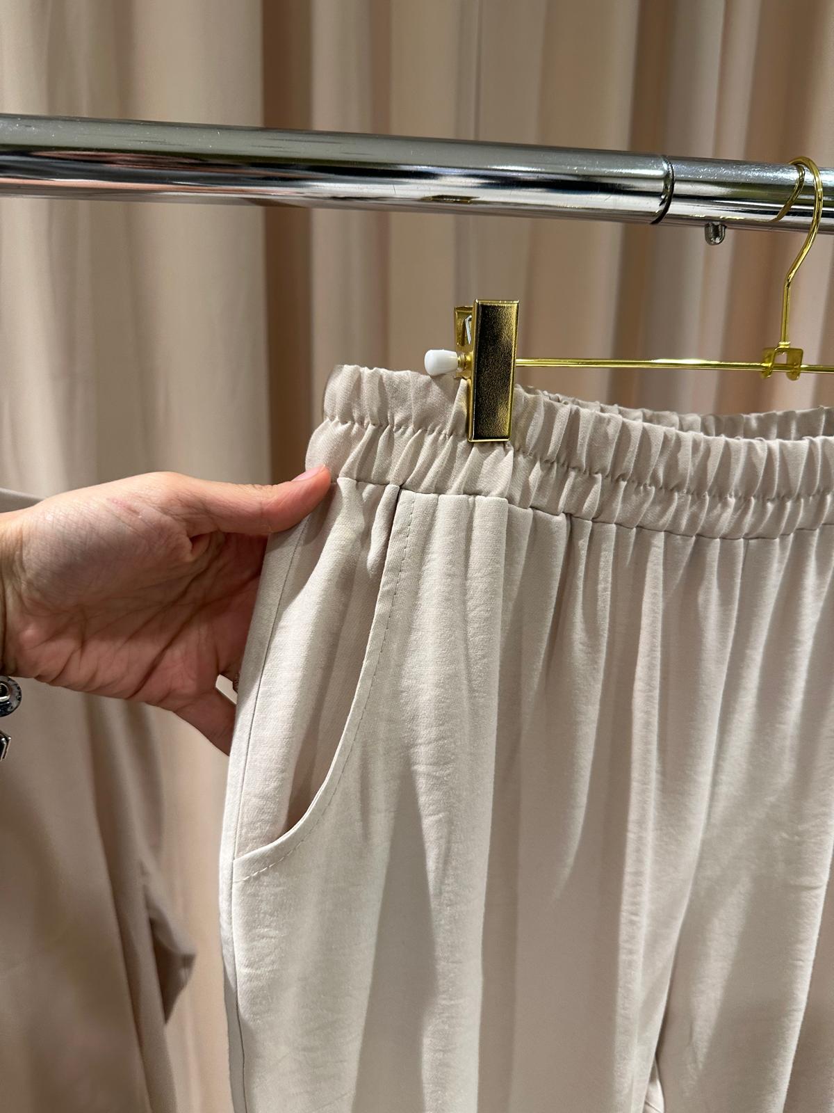 Plus Size Beige Button-Front Top &amp; Pants Set with Side Stripe – Fatma Danışman