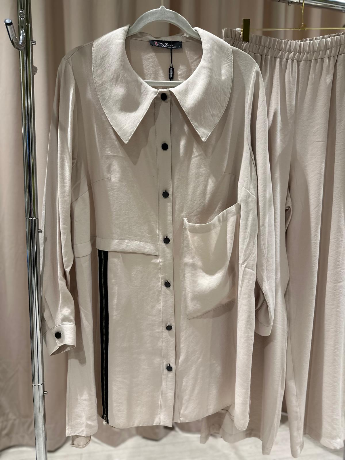 Plus Size Beige Button-Front Top &amp; Pants Set with Side Stripe – Fatma Danışman