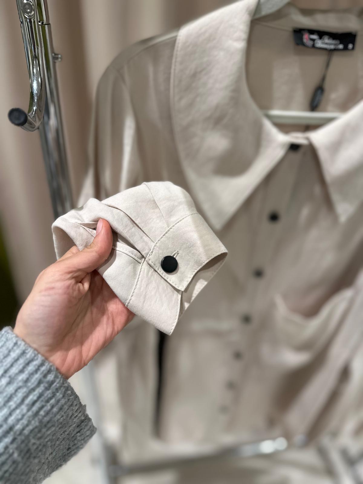 Plus Size Beige Button-Front Top &amp; Pants Set with Side Stripe – Fatma Danışman