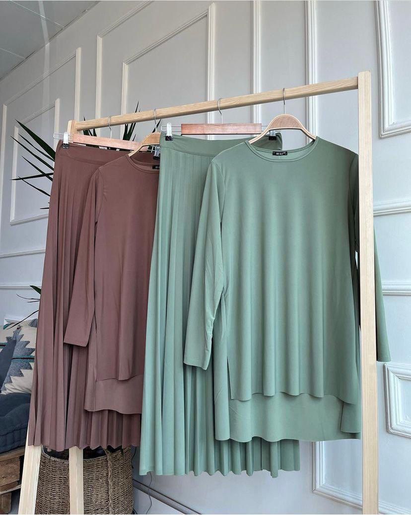 Blossom New Collection 2Pcs Chic Sandy Fabric Sage Green Skirt Set