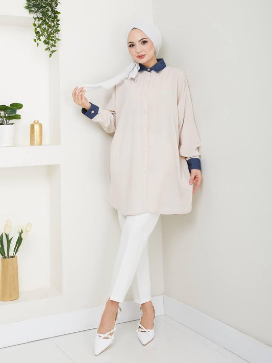 Beige & Denim Blossom Collection Cotton Shirt