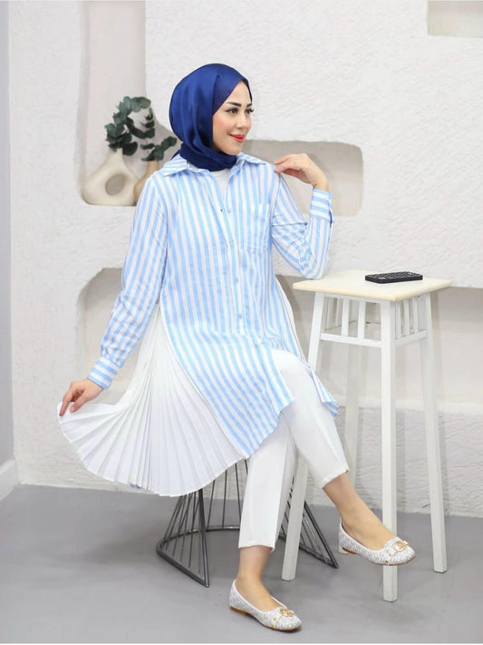 Baby Blue Striped Blossom Collection Linen-Cotton Shirt