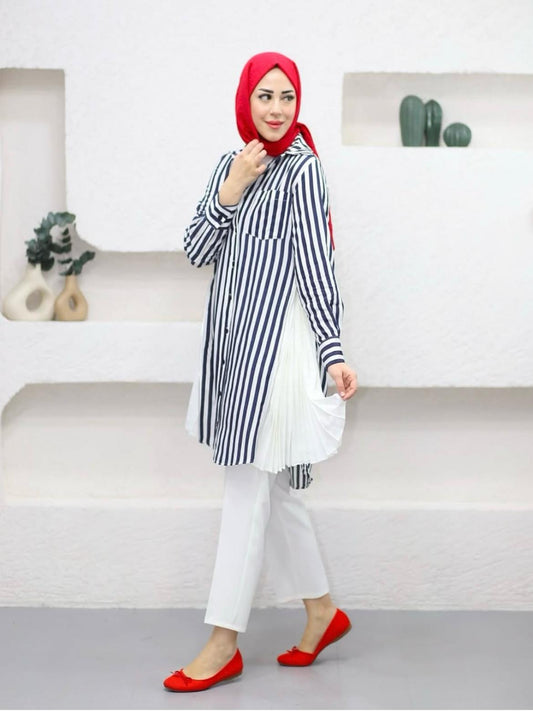 Navy Blue Striped Blossom Collection Linen-Cotton Shirt