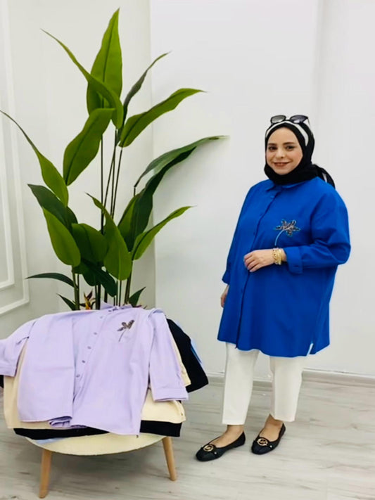 Lilac & Baby Blue Embroidered Blossom Collection Cotton Shirt