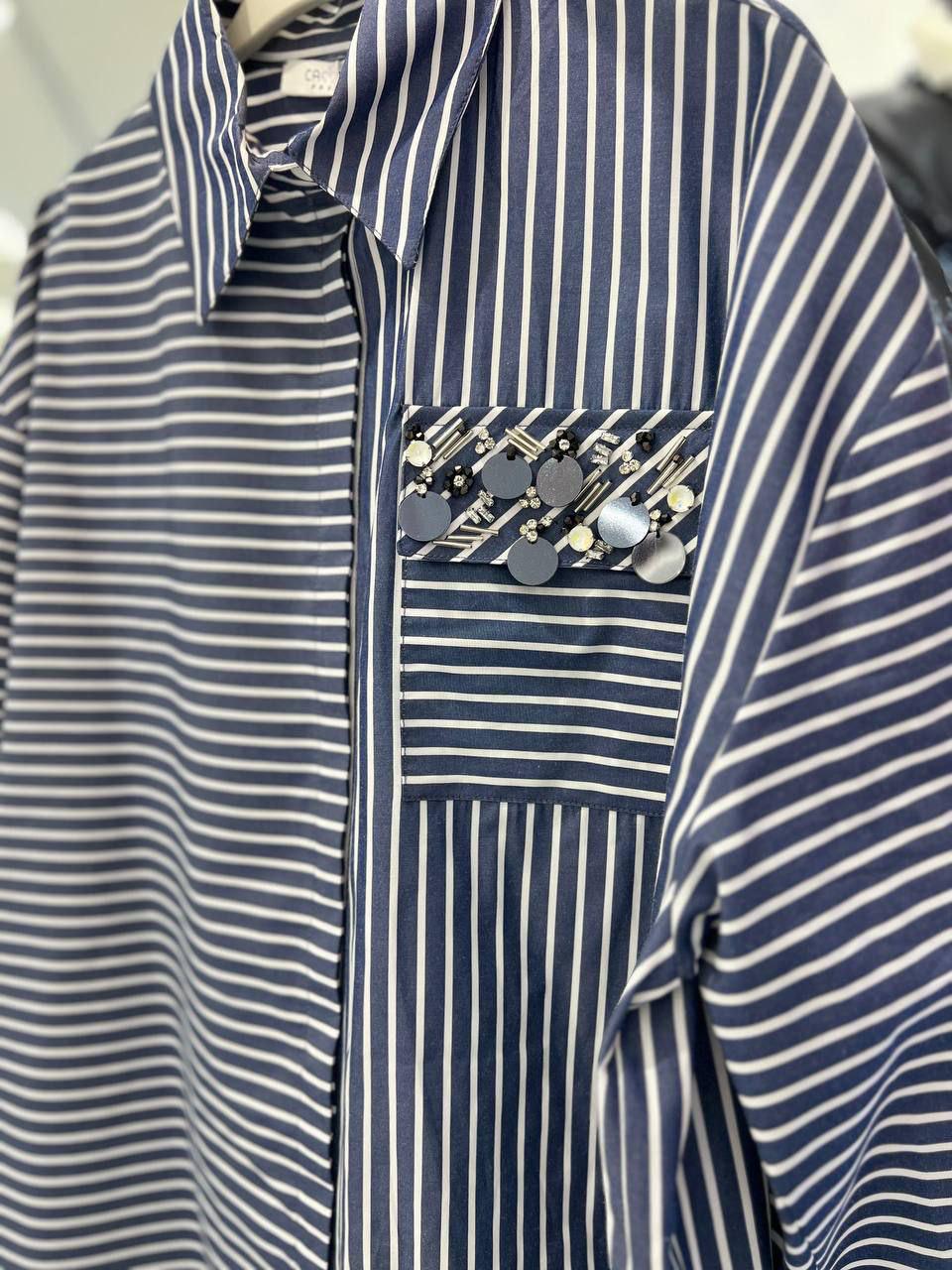 Blossom Collection Blue Striped Shirt with Diamond Embroidered