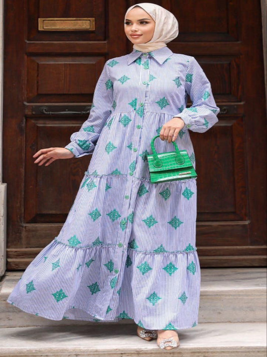 Blossom Blue Cotton Dress with Green Pattern for Summer
