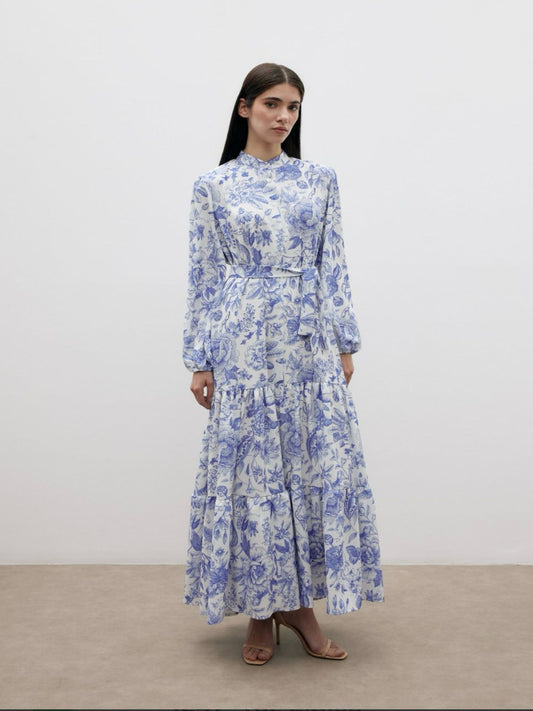 Blossom Collection Blue Floral Printed White Summer Dress