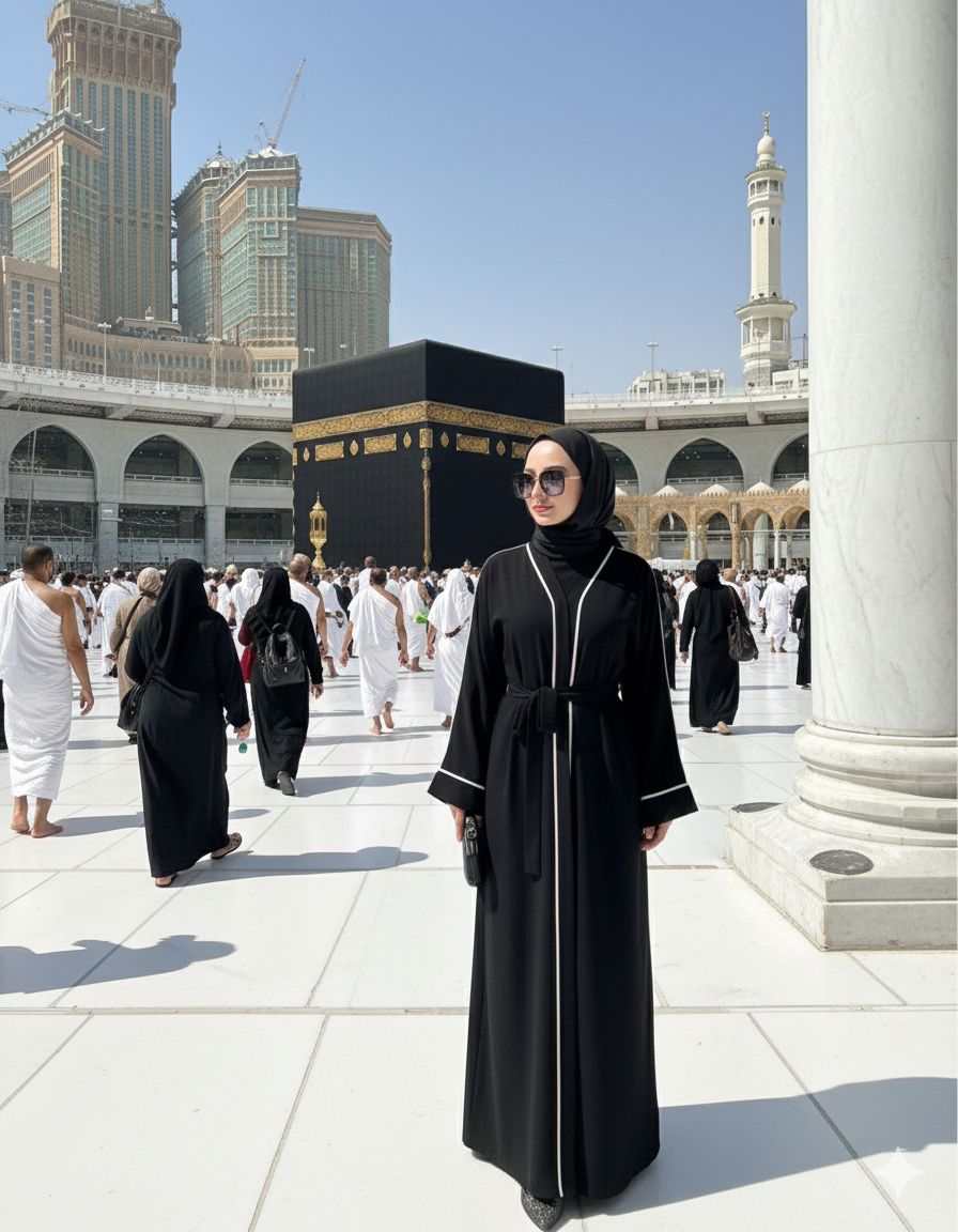 Belted Black Abaya with White Stripe Detailing