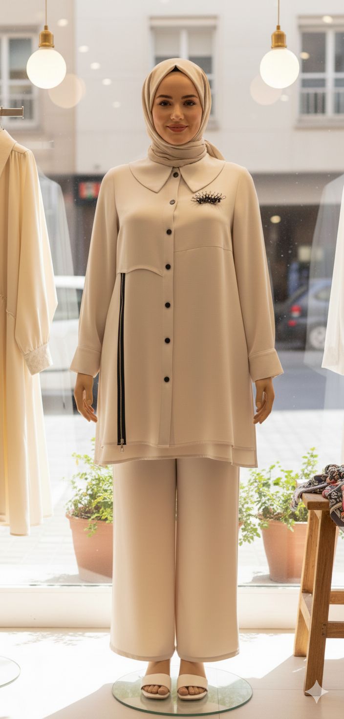 Plus Size Beige Button-Front Top &amp; Pants Set with Side Stripe – Fatma Danışman